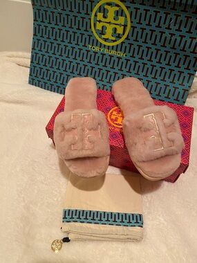 Tory Burch Blush Pink Plush Logo Slide Sandals/Slippers